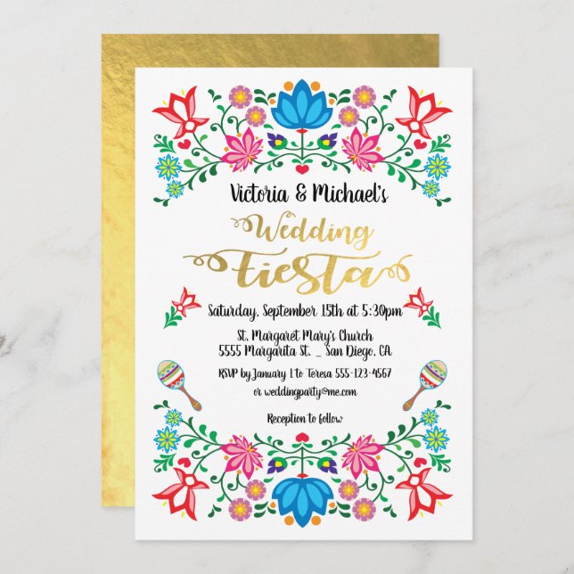 Convite Gold Foil Floral Mexicana Weding Fiesta (Frente/Verso)