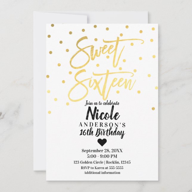 Convite Gold Foil Glam Modern Script Sweet 16 XVI (Frente)