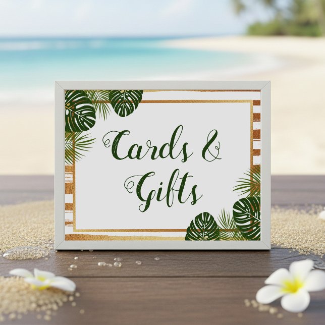 Convite Gold Foil & Green Palm Leaf Beach Sign (Criador carregado)