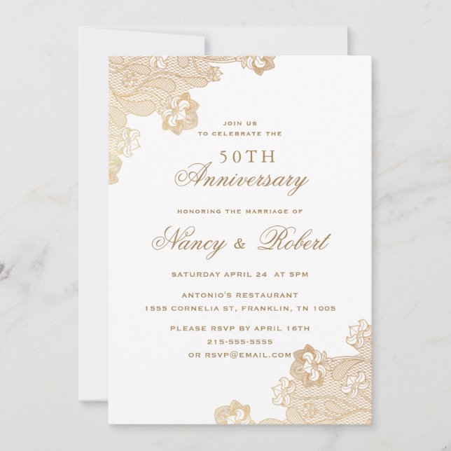 Convite Gold Foil Lace White 50º Aniversário de Casamento (Frente)