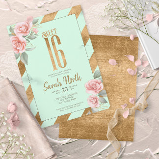 Convite Gold Foil Stripes Floral Mint ID757