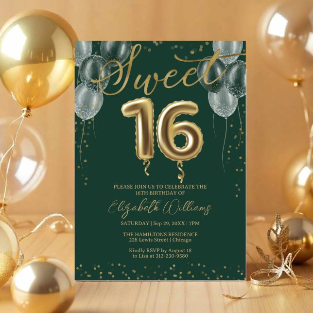 Convite Gold Foil Sweet 16 Birthday Balloons Green Party (Criador carregado)