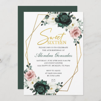 Convite Gold frame emerald green floral Sweet 16 invite