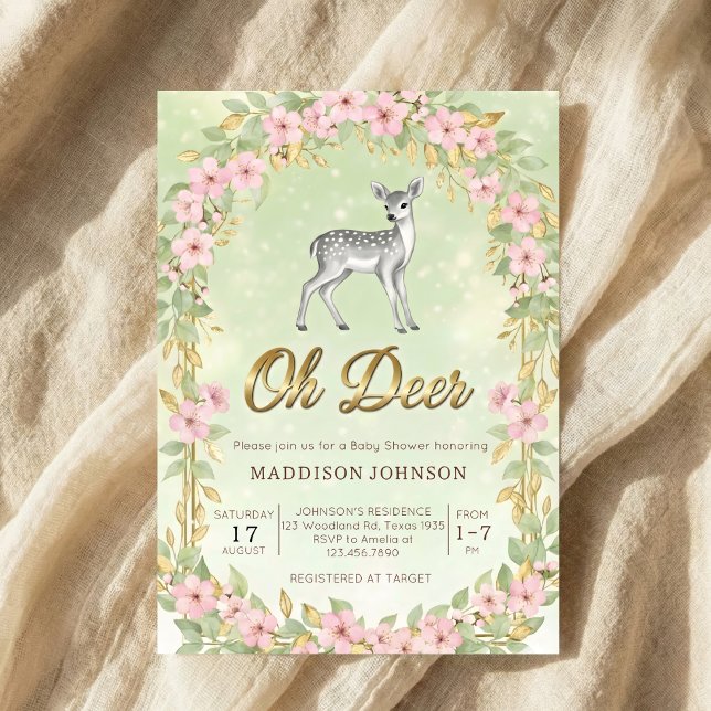 Convite gold frame flower deer baby shower (Criador carregado)