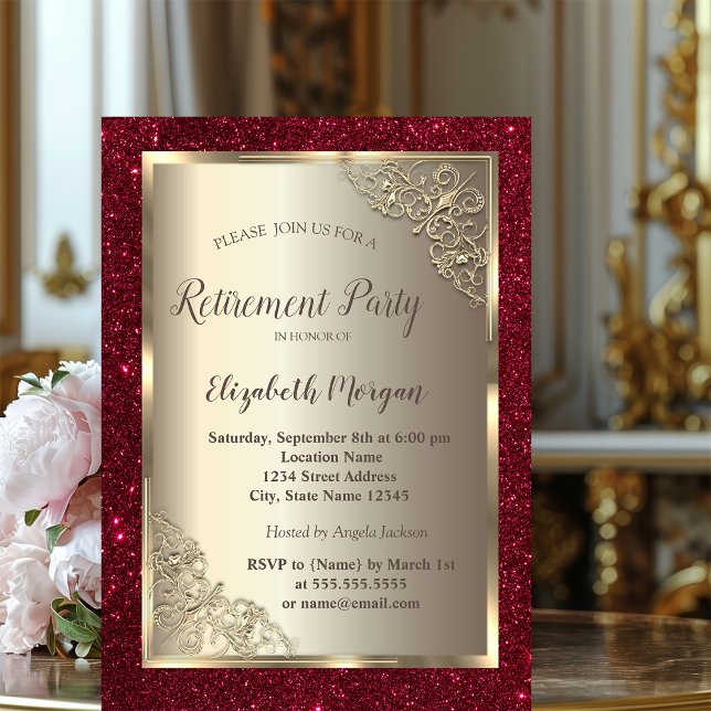 Convite  Gold Frame,Gold,Red Glitter Retirement  (Criador carregado)