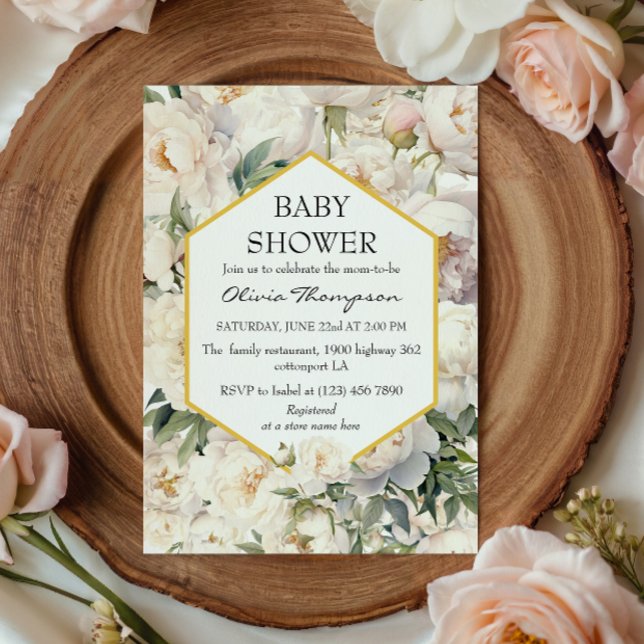 Convite Gold Frame Ivory Peony Garden Baby Shower (Criador carregado)
