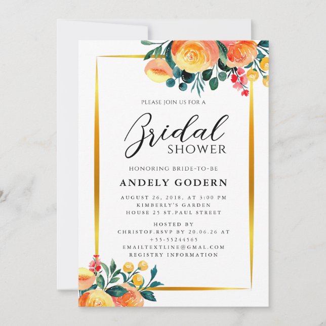 Convite Gold Frame with Orange Floral Modern Bridal Shower (Frente)