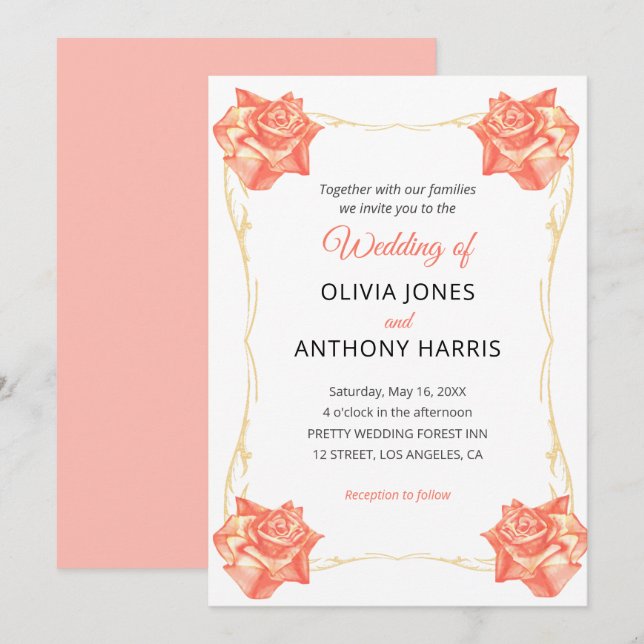 Convite Gold Geometric Rustic Pastel Rose Floral Wedding  (Frente/Verso)