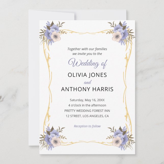 Convite Gold Geometric Rustic Purple Floral Wedding  (Frente)