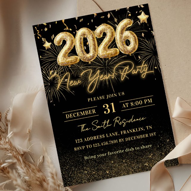 Convite Gold Glitter 2026 New Year Party Invitation (Criador carregado)