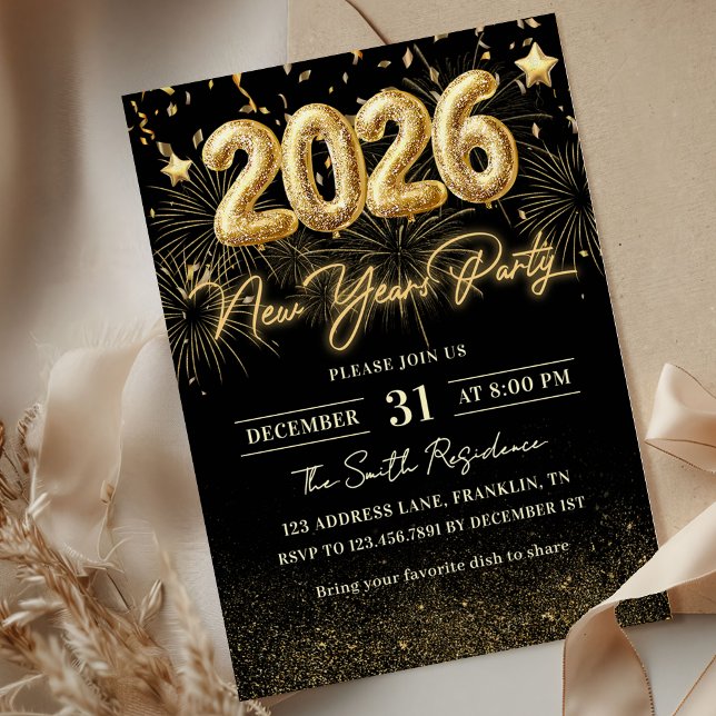 Convite Gold Glitter 2026 New Year Party Invitation (Criador carregado)