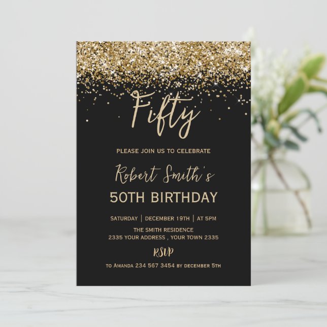 Convite Gold Glitter 50th Surprise Birthday Party Black (Em pé/Frente)