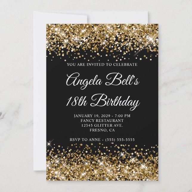 Convite Gold Glitter Black Fancy Monogram 18th Birthday (Frente)
