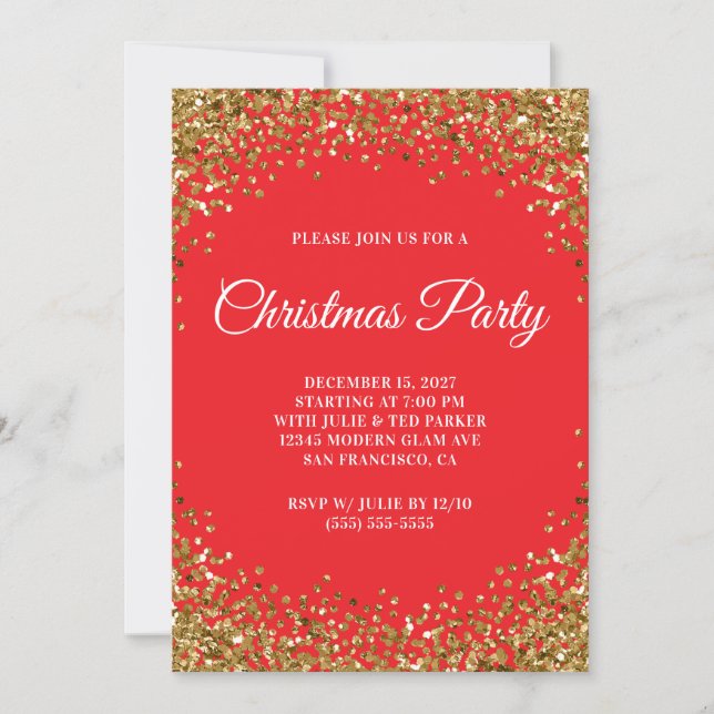 Convite Gold Glitter Border Red Christmas Party (Frente)