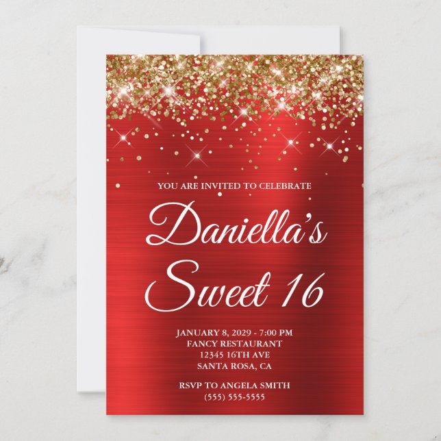 Convite Gold Glitter Bright Red Foil Sweet 16 (Frente)