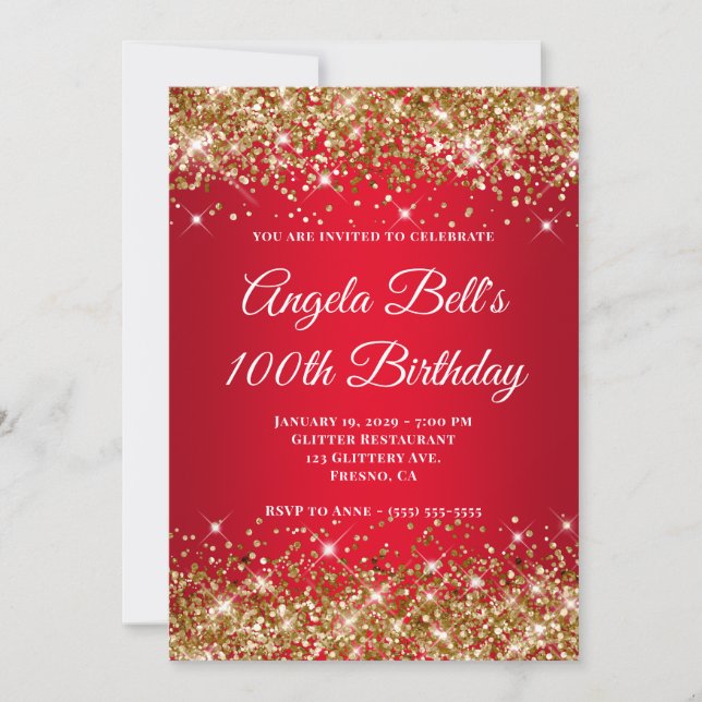 Convite Gold Glitter Bright Red Ombre 100th Birthday (Frente)