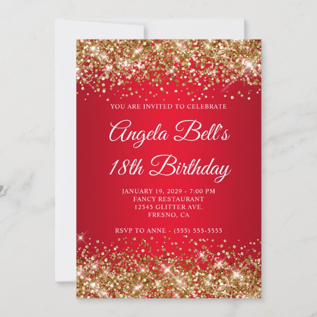 Convite Gold Glitter Bright Red Ombre 18th Birthday (Frente)