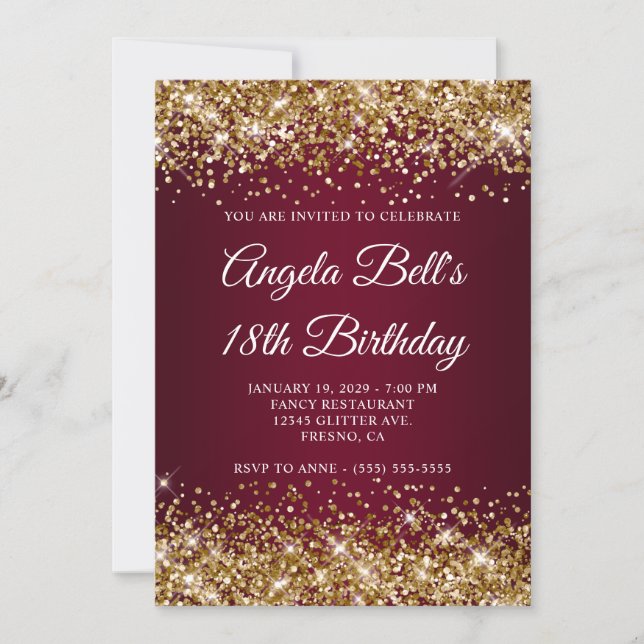 Convite Gold Glitter Burgundy Ombre 18th Birthday (Frente)