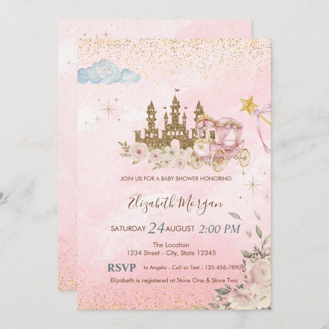 Convite Gold Glitter Castle,FlowersCarriage Baby Shower  (Frente/Verso)