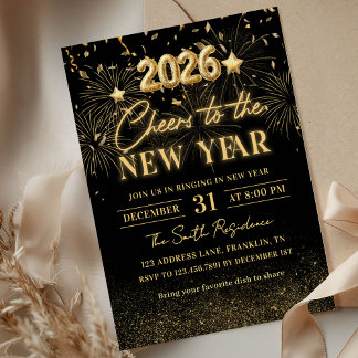 Convite Gold Glitter Cheers to the New Year Invitation