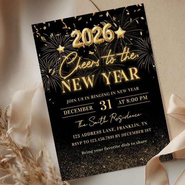Convite Gold Glitter Cheers to the New Year Invitation (Criador carregado)