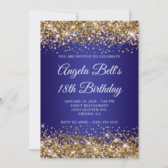 Convite Gold Glitter Deep Blue Ombre 18th Birthday (Frente)
