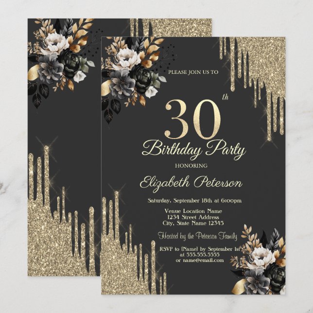 Convite Gold Glitter Drips Black Roses Dark 30th Birthday  (Frente/Verso)