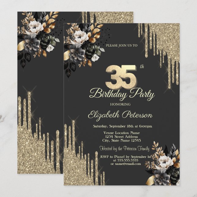 Convite Gold Glitter Drips Black Roses Dark 35th Birthday (Frente/Verso)
