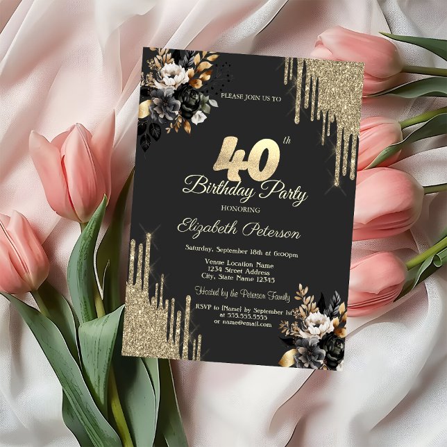 Convite Gold Glitter Drips Black Roses Dark 40th Birthday (Criador carregado)