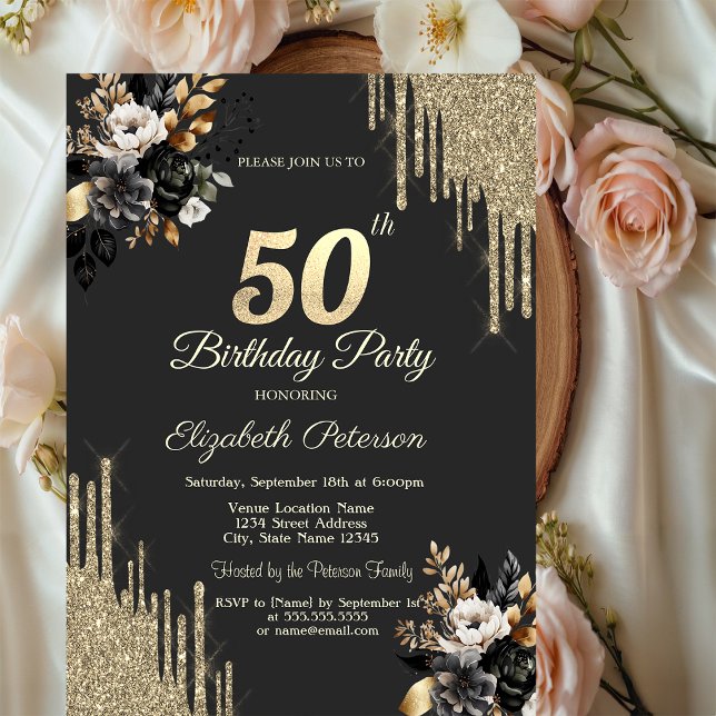 Convite Gold Glitter Drips Black Roses Dark 50th Birthday  (Criador carregado)