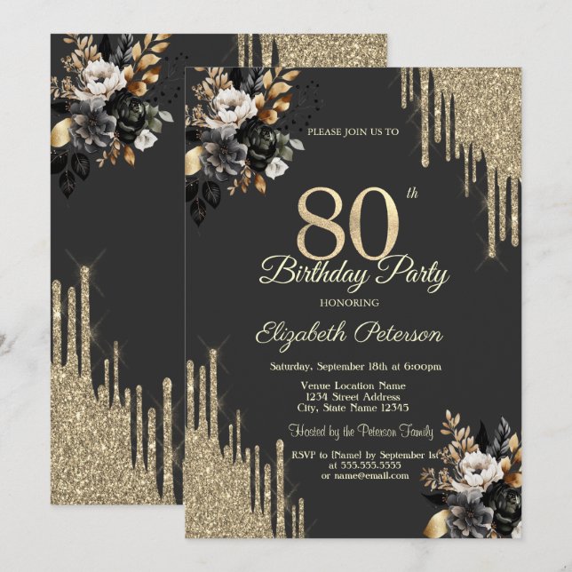 Convite Gold Glitter Drips Black Roses Dark 80th Birthday (Frente/Verso)