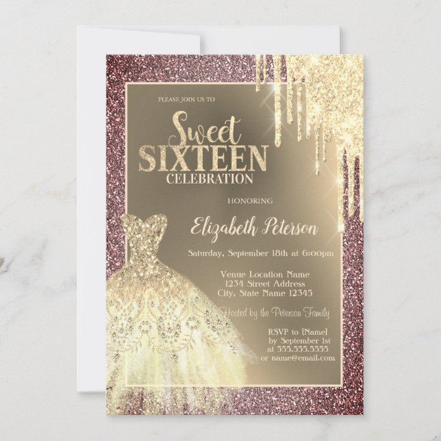 Convite Gold Glitter Drips,Dress Glitter Sweet 16 (Frente)