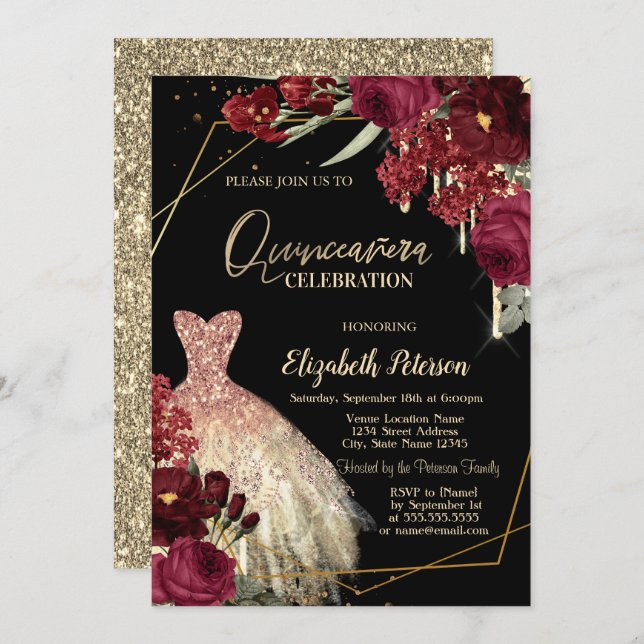 Convite Gold Glitter Drips,Dress Red Roses Quinceañera (Frente/Verso)