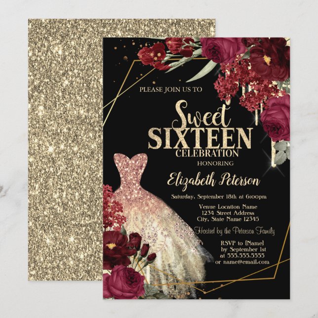 Convite Gold Glitter Drips,Dress Red Roses Sweet 16 (Frente/Verso)