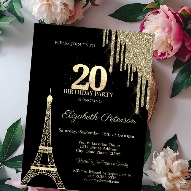 Convite Gold Glitter Drips, Eiffel Tower 20th Birthday (Criador carregado)