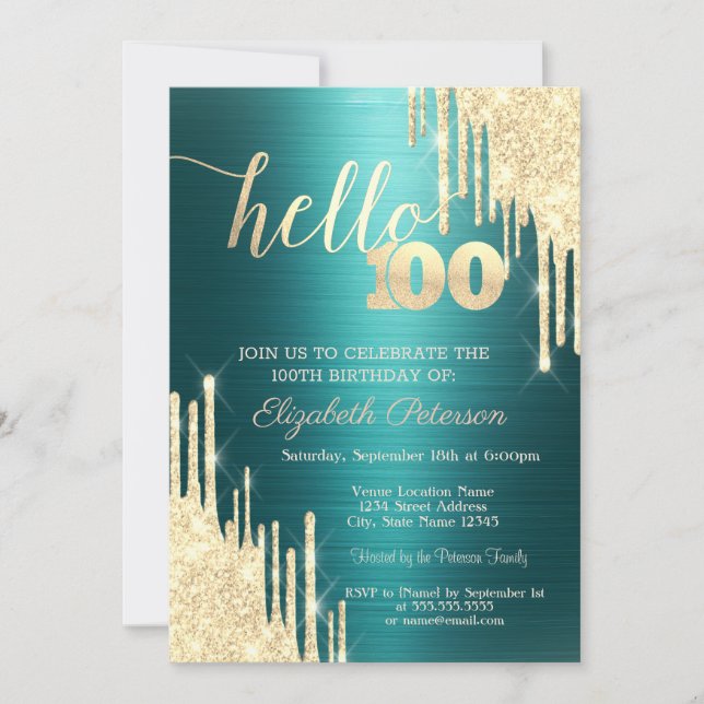 Convite Gold Glitter Drips Green Metallic 100th Birthday (Frente)