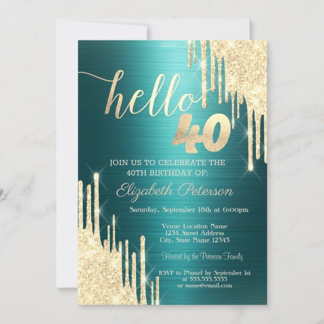 Convite Gold Glitter Drips Green Metallic 40th Birthday (Frente)