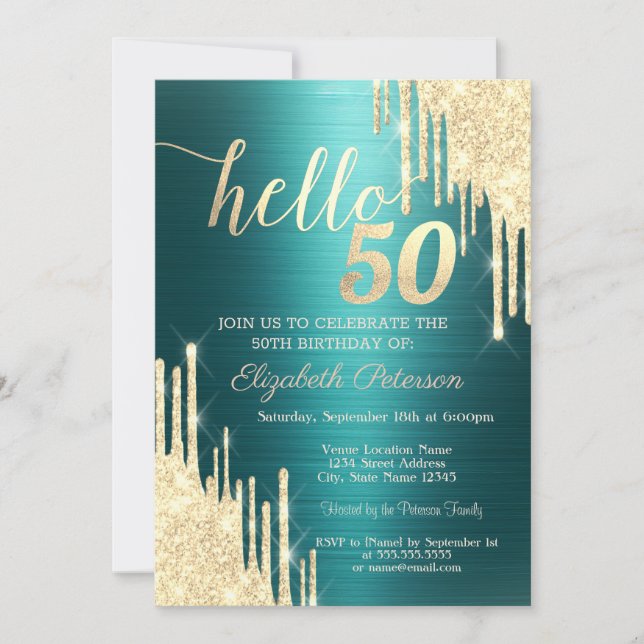 Convite Gold Glitter Drips Green Metallic 50th Birthday (Frente)