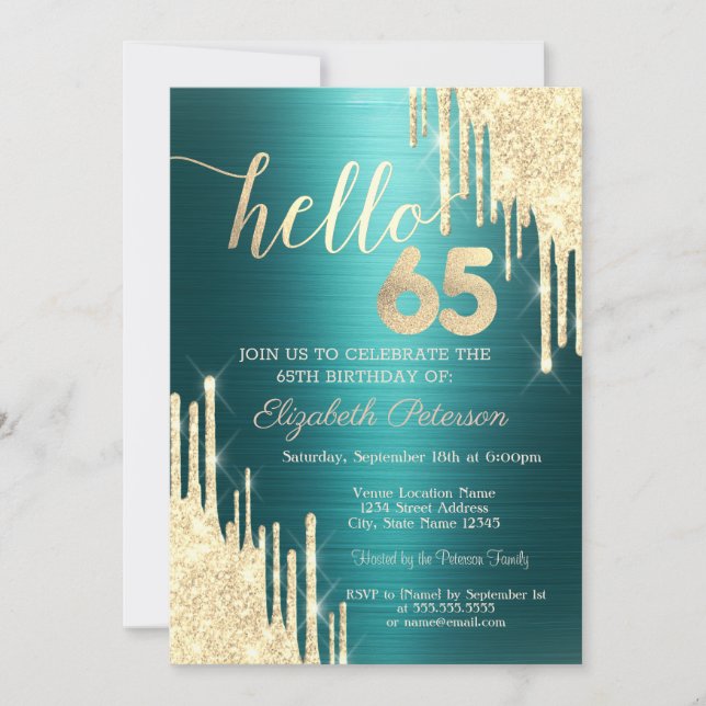 Convite Gold Glitter Drips Green Metallic 65th Birthday (Frente)