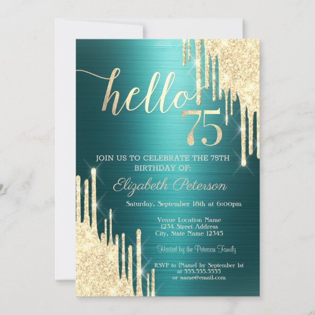 Convite Gold Glitter Drips Green Metallic 75th Birthday (Frente)