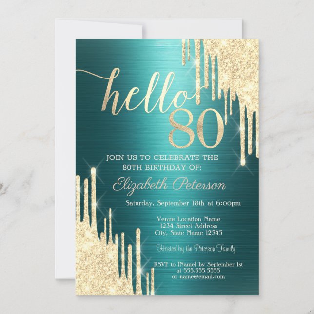 Convite Gold Glitter Drips Green Metallic 80th Birthday (Frente)