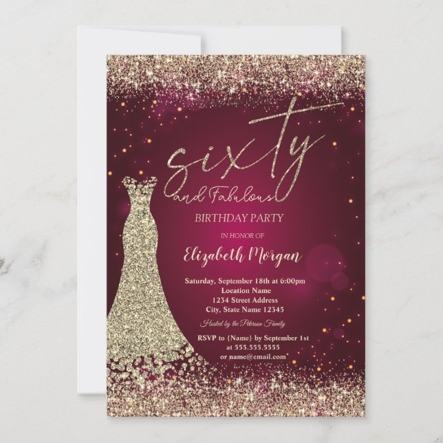 Convite Gold Glitter Dust Border Dress Red 60th Birthday  (Frente)
