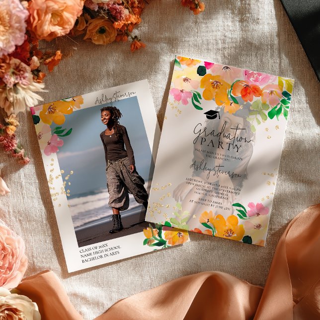 Convite Gold glitter floral photo botanical graduation (Gold glitter floral photo botanical graduation invitation)