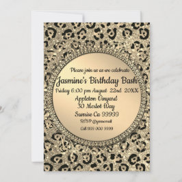 Convite Gold Glitter Glam Leopard Print Birthday 