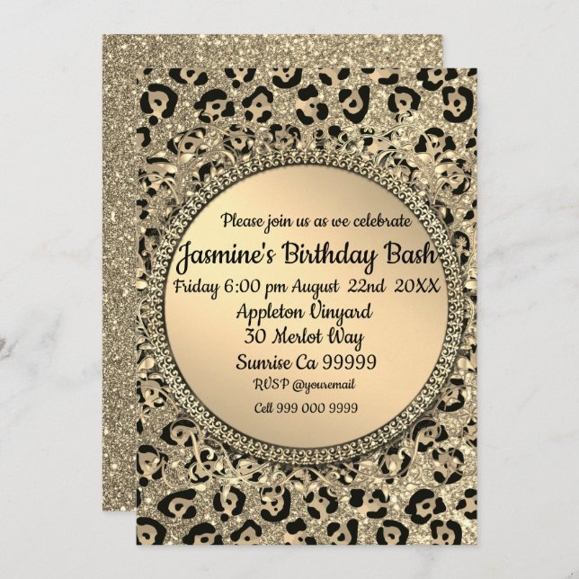 Convite Gold Glitter Glam Leopard Print Birthday  (Frente/Verso)