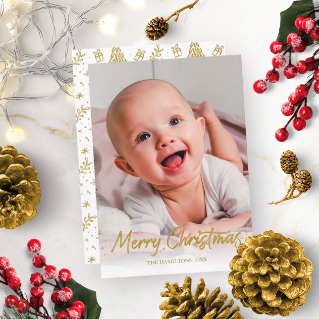 Convite Gold Glitter Handwritten Photo Merry Christmas (Criador carregado)