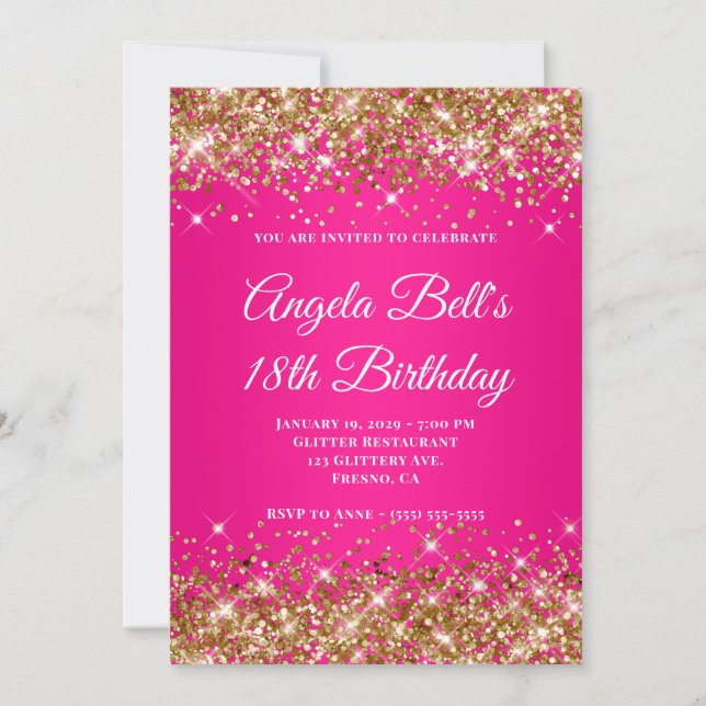 Convite Gold Glitter Hot Pink Ombre Monogram 18th Birthday (Frente)