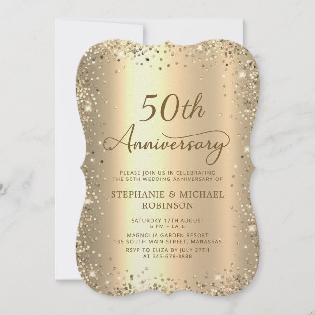 Convite Gold Glitter Metallic 50th Wedding Anniversary (Frente)