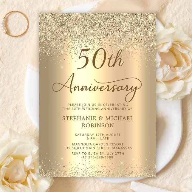 Convite Gold Glitter Metallic 50th Wedding Anniversary (Criador carregado)