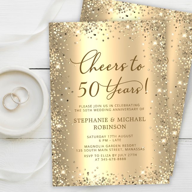 Convite Gold Glitter Metallic 50th Wedding Anniversary (Criador carregado)